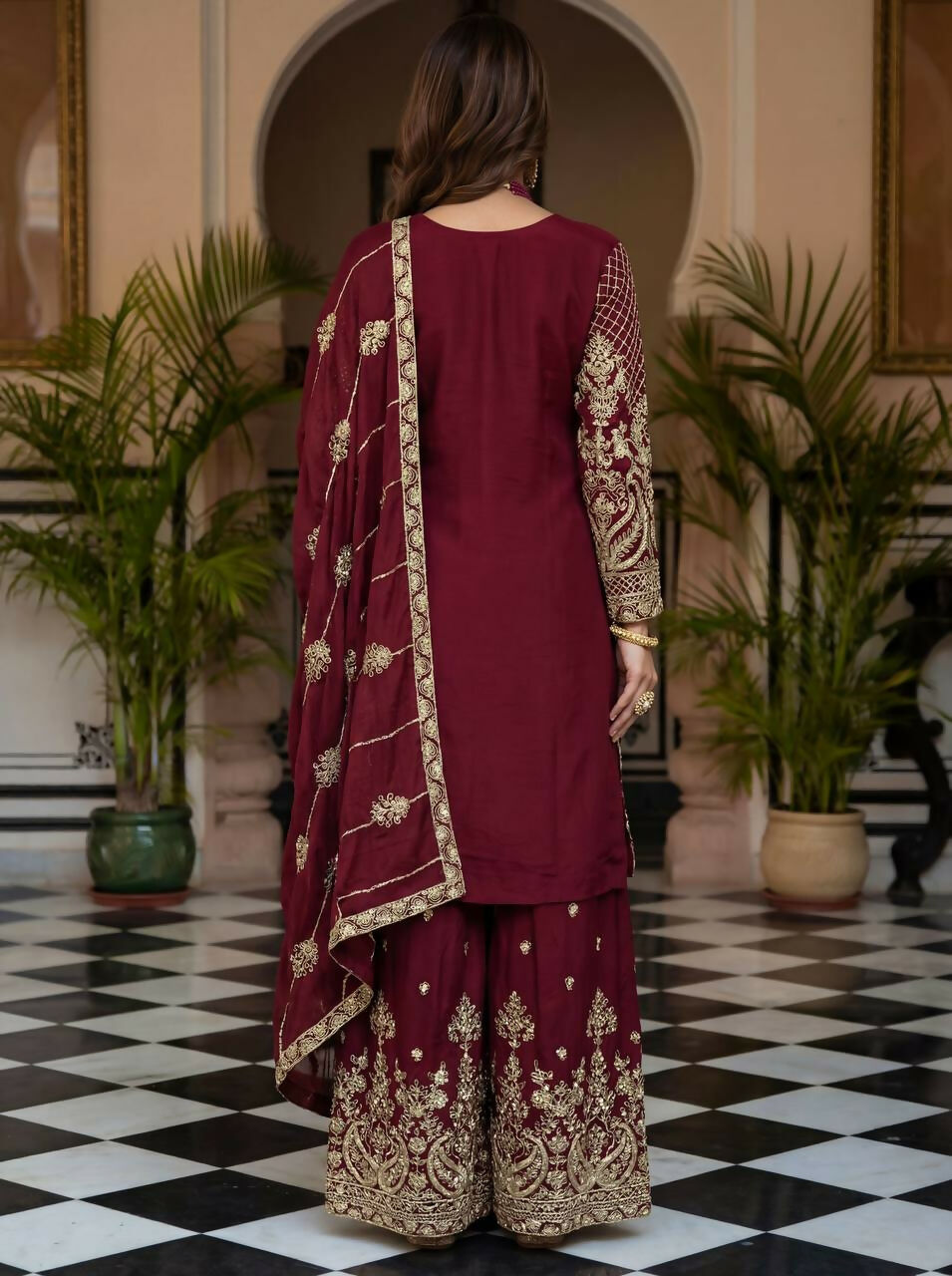 Joban Fashion Maroon Silk Embroidered Sharara Set