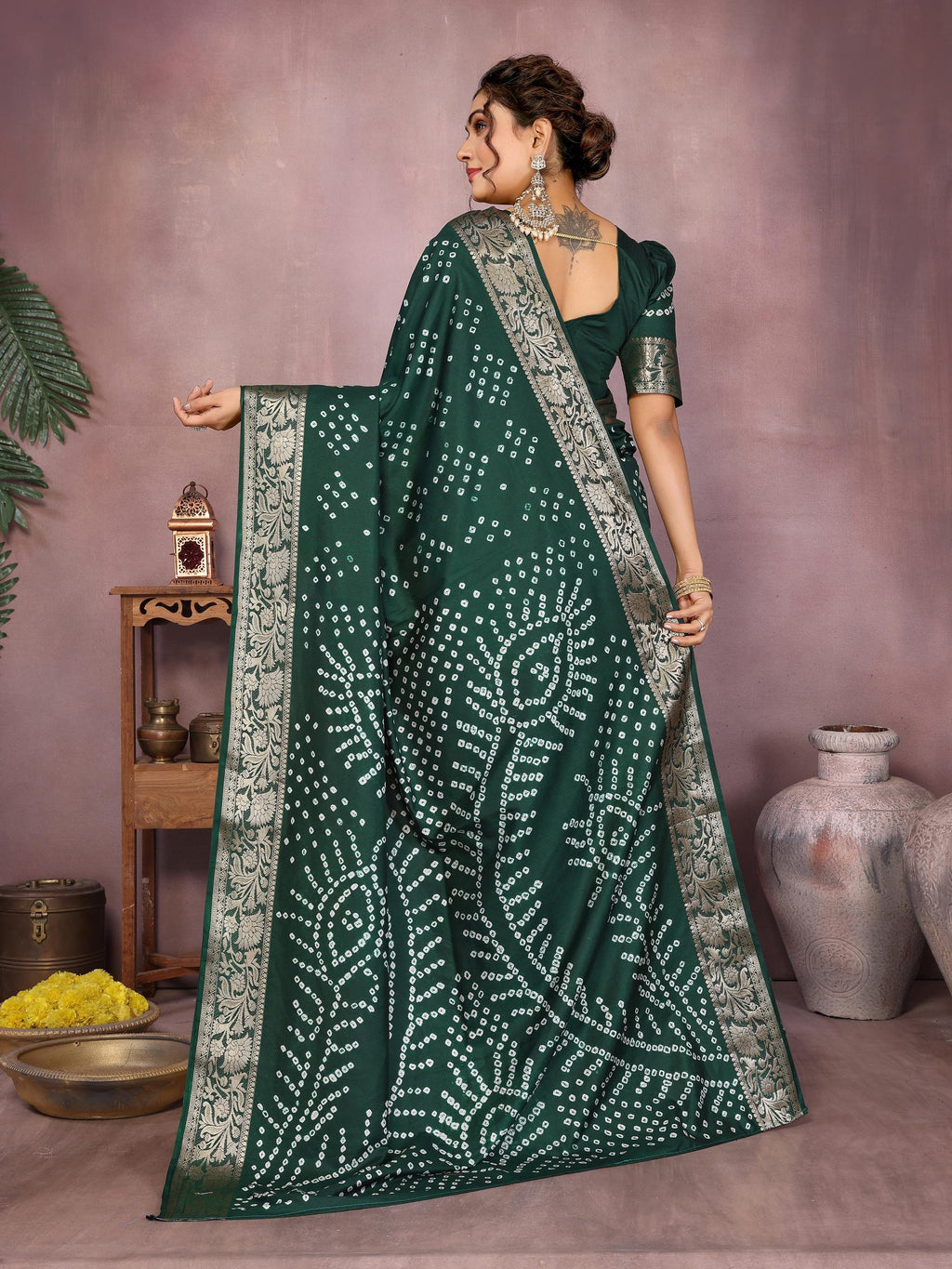 Anaita Dark Green Pure Bandhej Silk Saree With Zari Weaving Work