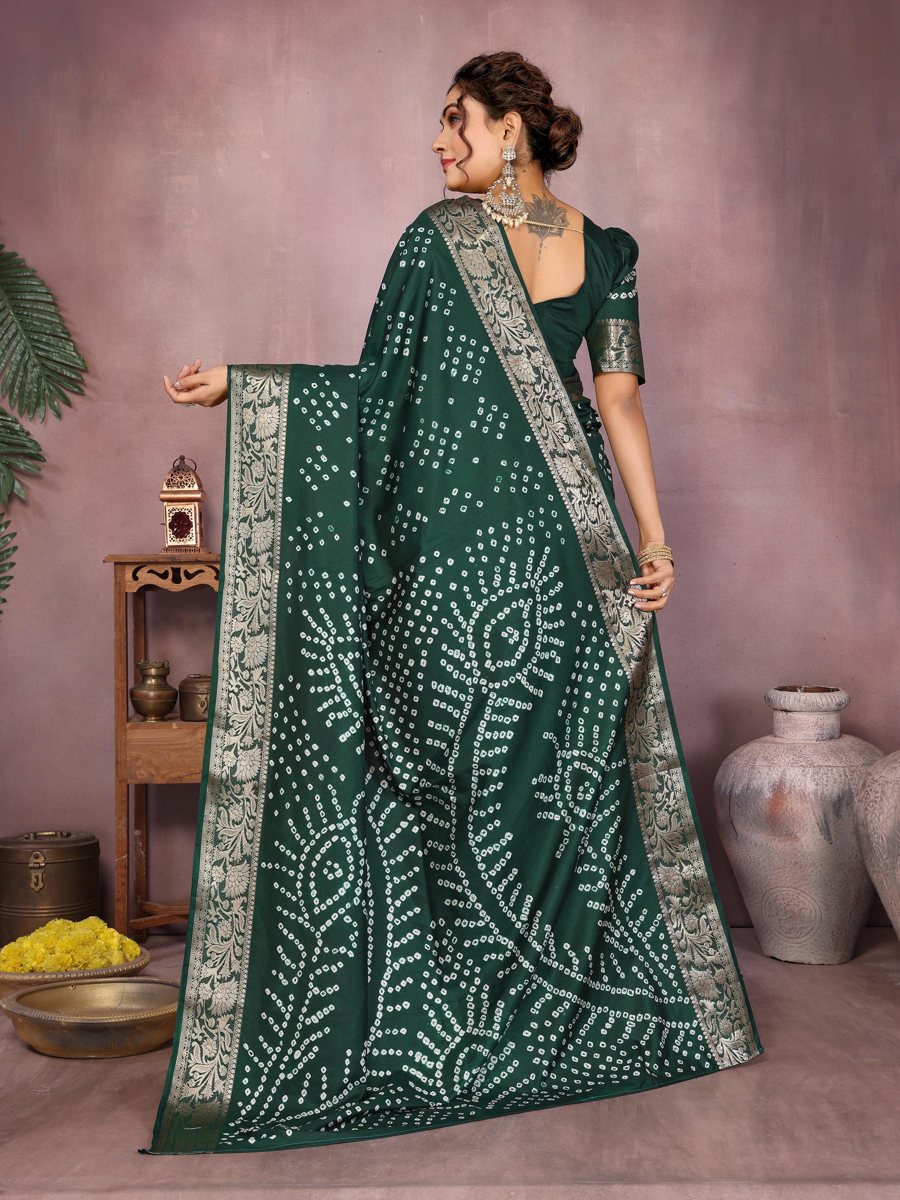 Anaita Dark Green Pure Bandhej Silk Saree With Zari Weaving Work