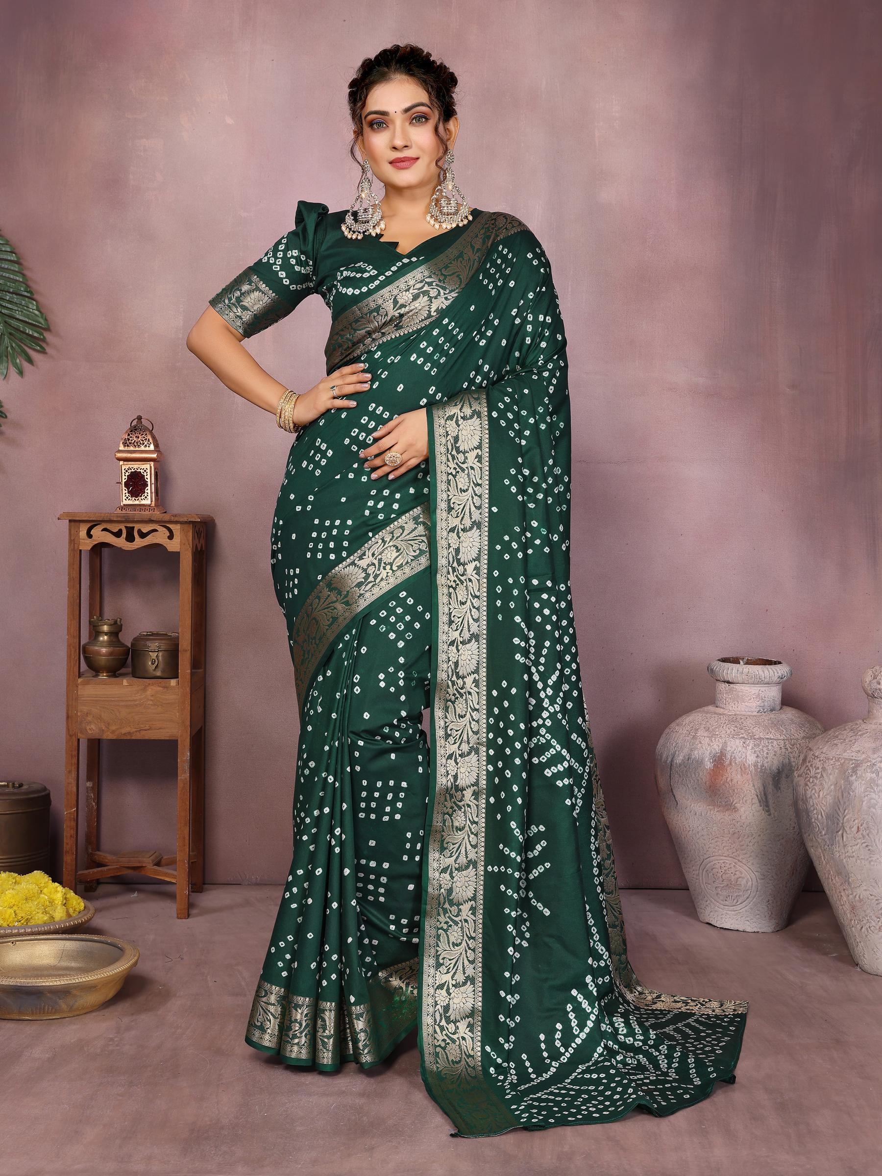 Anaita Dark Green Pure Bandhej Silk Saree With Zari Weaving Work