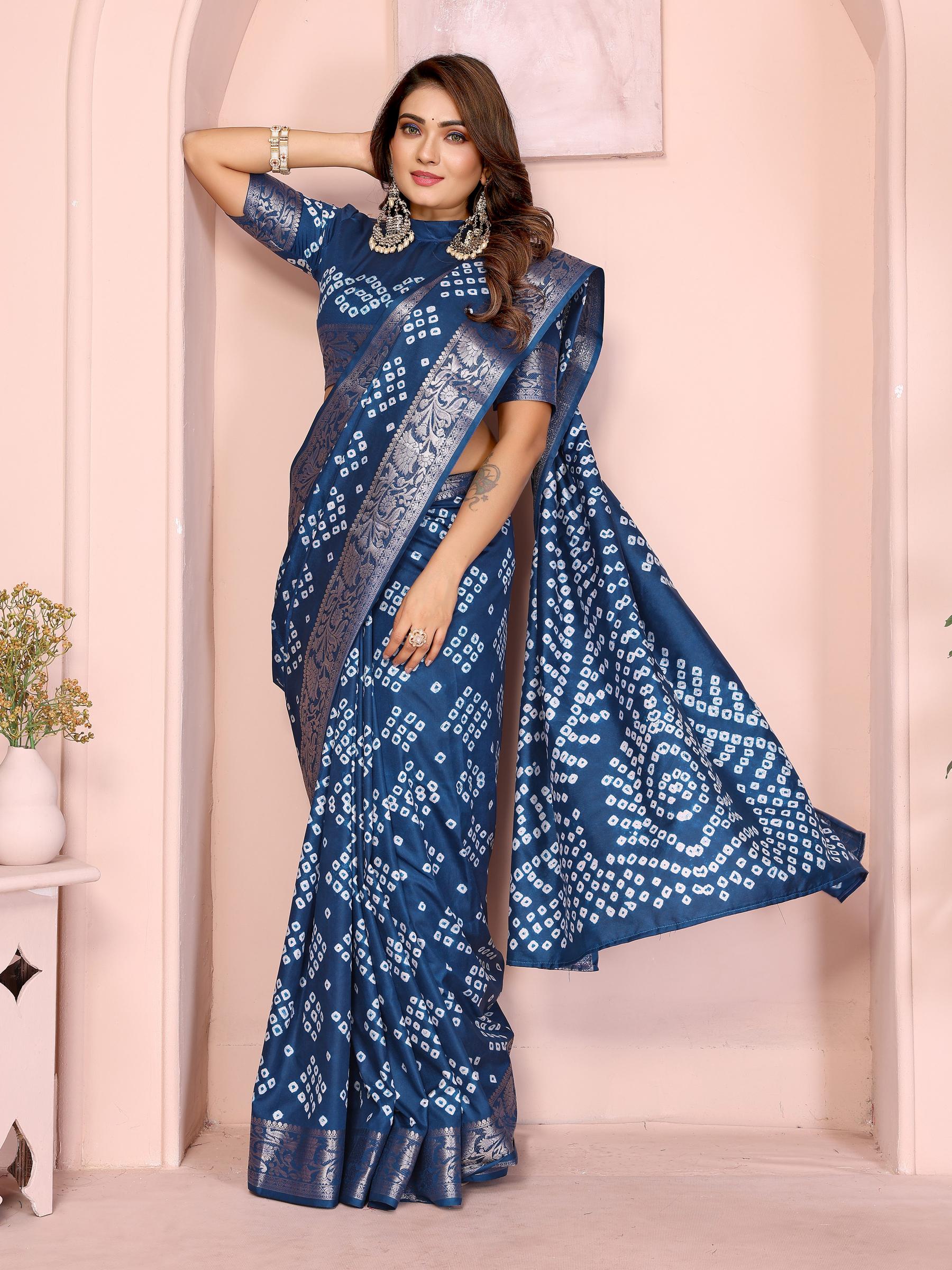 Anaita Navy Pure Bandhej Silk Saree With Zari Weaving Work