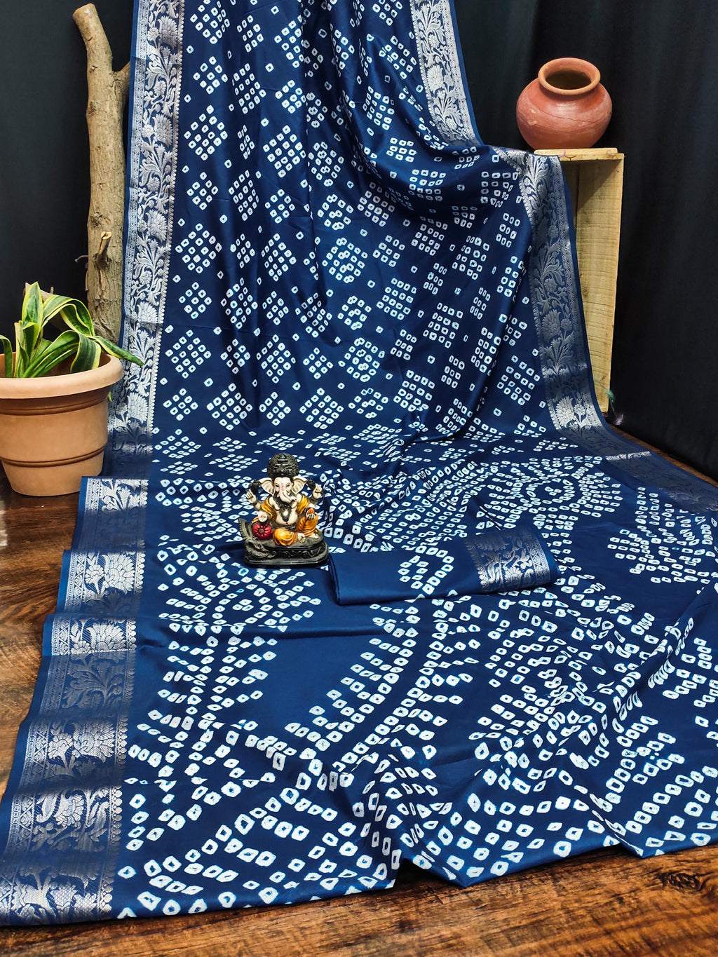Anaita Navy Pure Bandhej Silk Saree With Zari Weaving Work