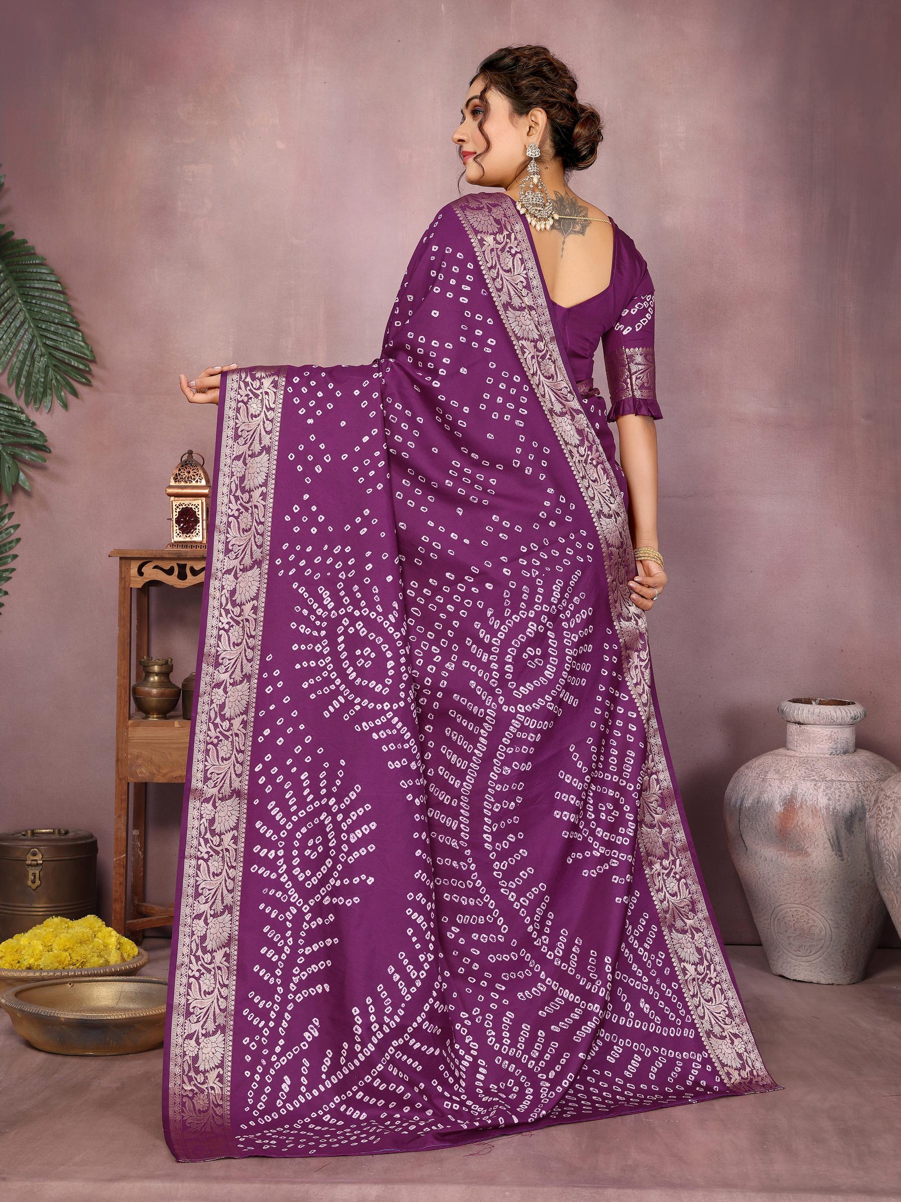 Anaita Purple Pure Bandhej Silk Saree With Zari Weaving Work