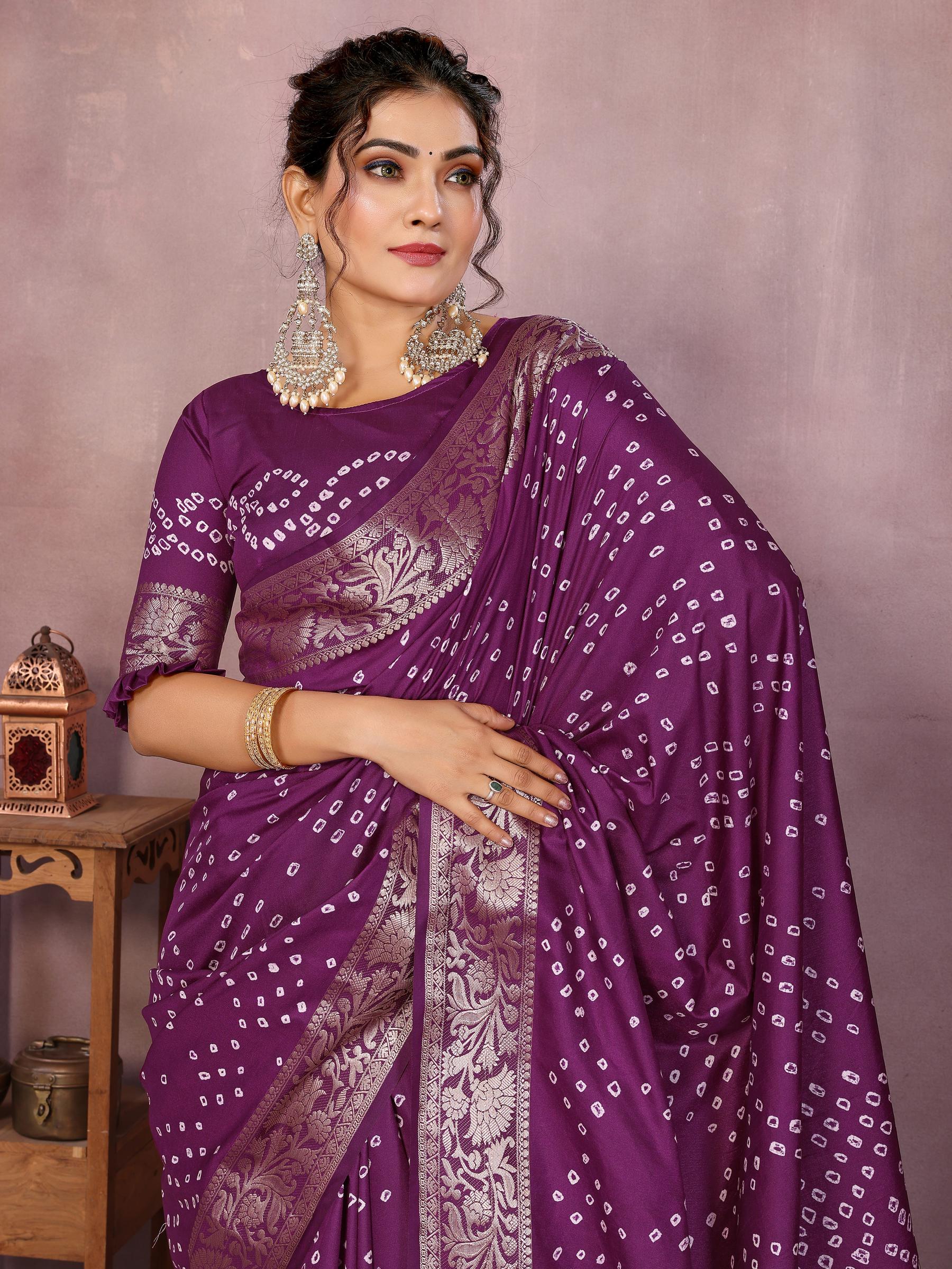 Anaita Purple Pure Bandhej Silk Saree With Zari Weaving Work