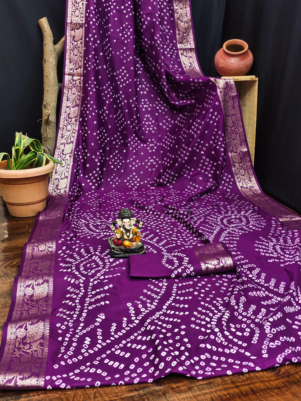 Anaita Purple Pure Bandhej Silk Saree With Zari Weaving Work