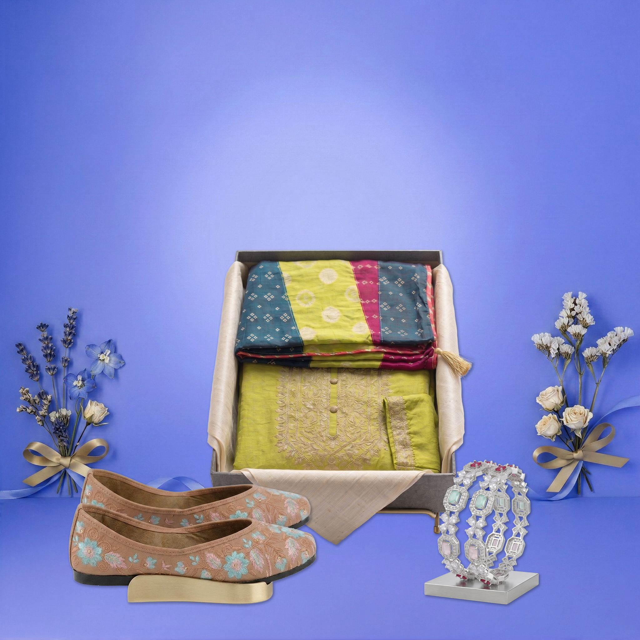 Wrapped in Love – The Fashion Hamper | Kurta Set, Ethnic Footwear & Statement Accessories - kit