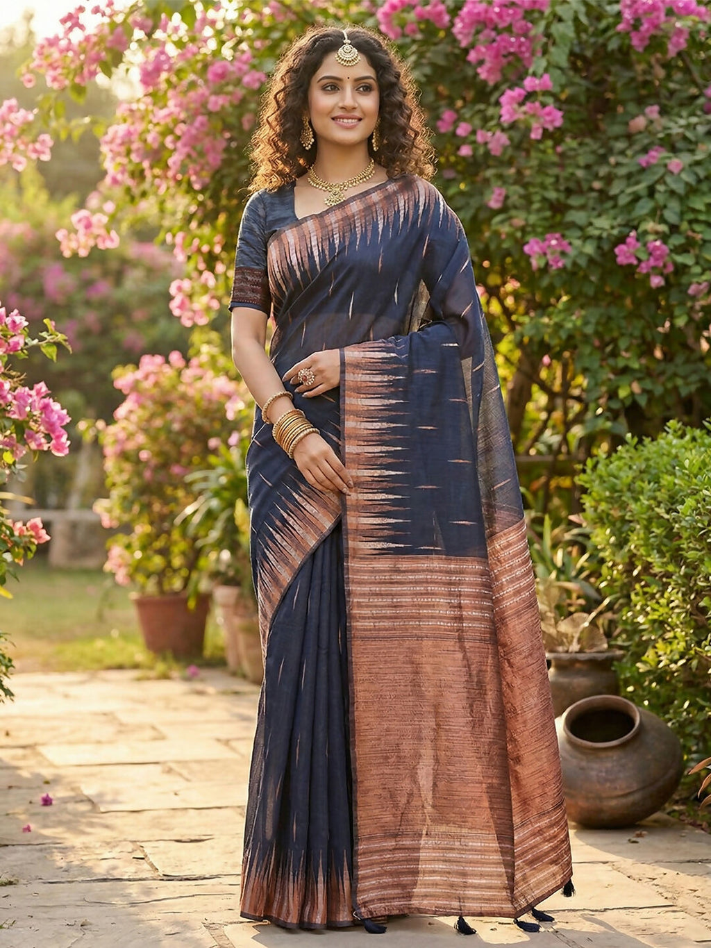 Shree Shyam Fashion Navy Blue Linen Cotton Saree