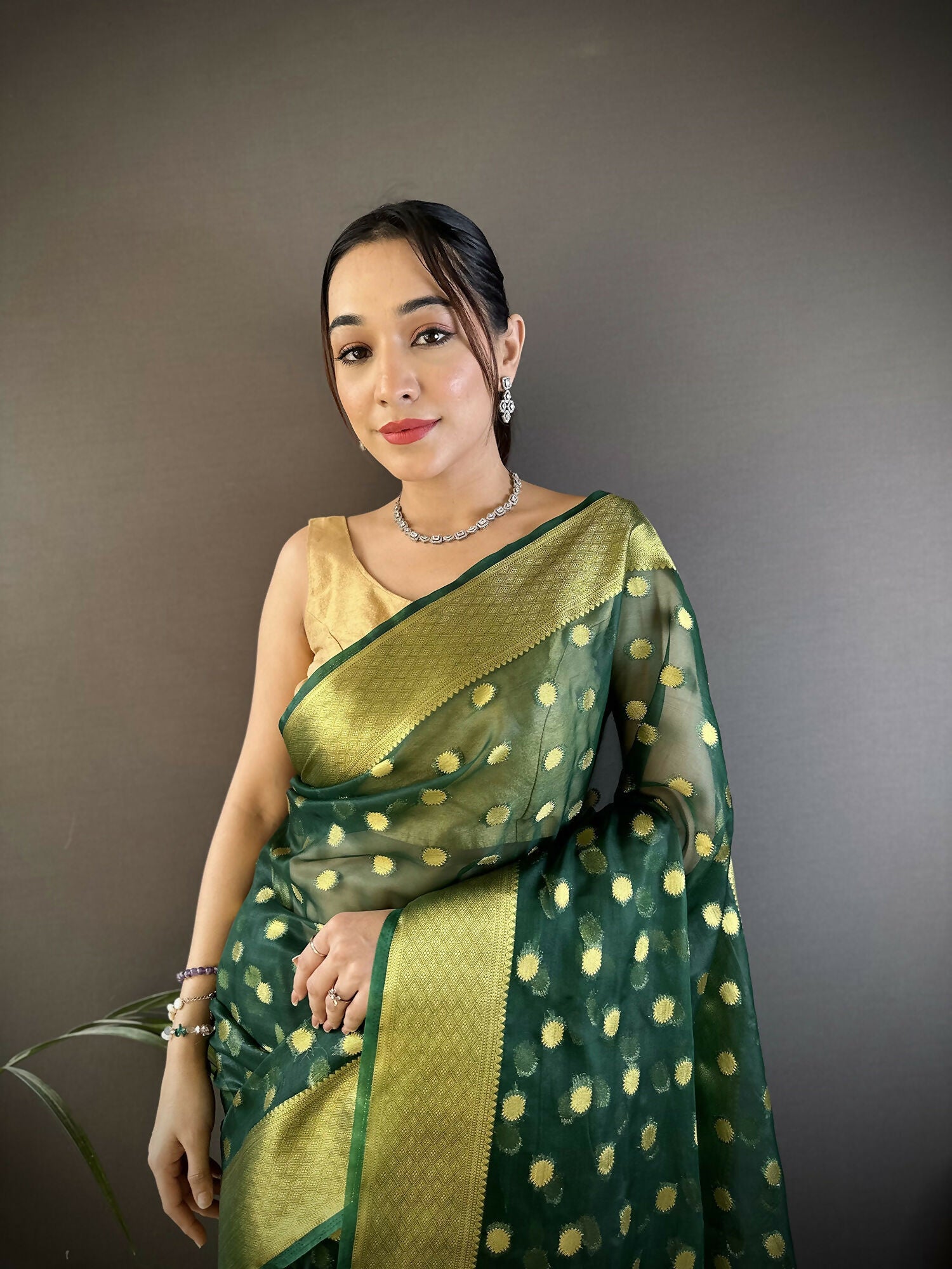 Joban Fashion Green Polka-Dot Zari Woven Organza Silk Banarasi Silk Saree