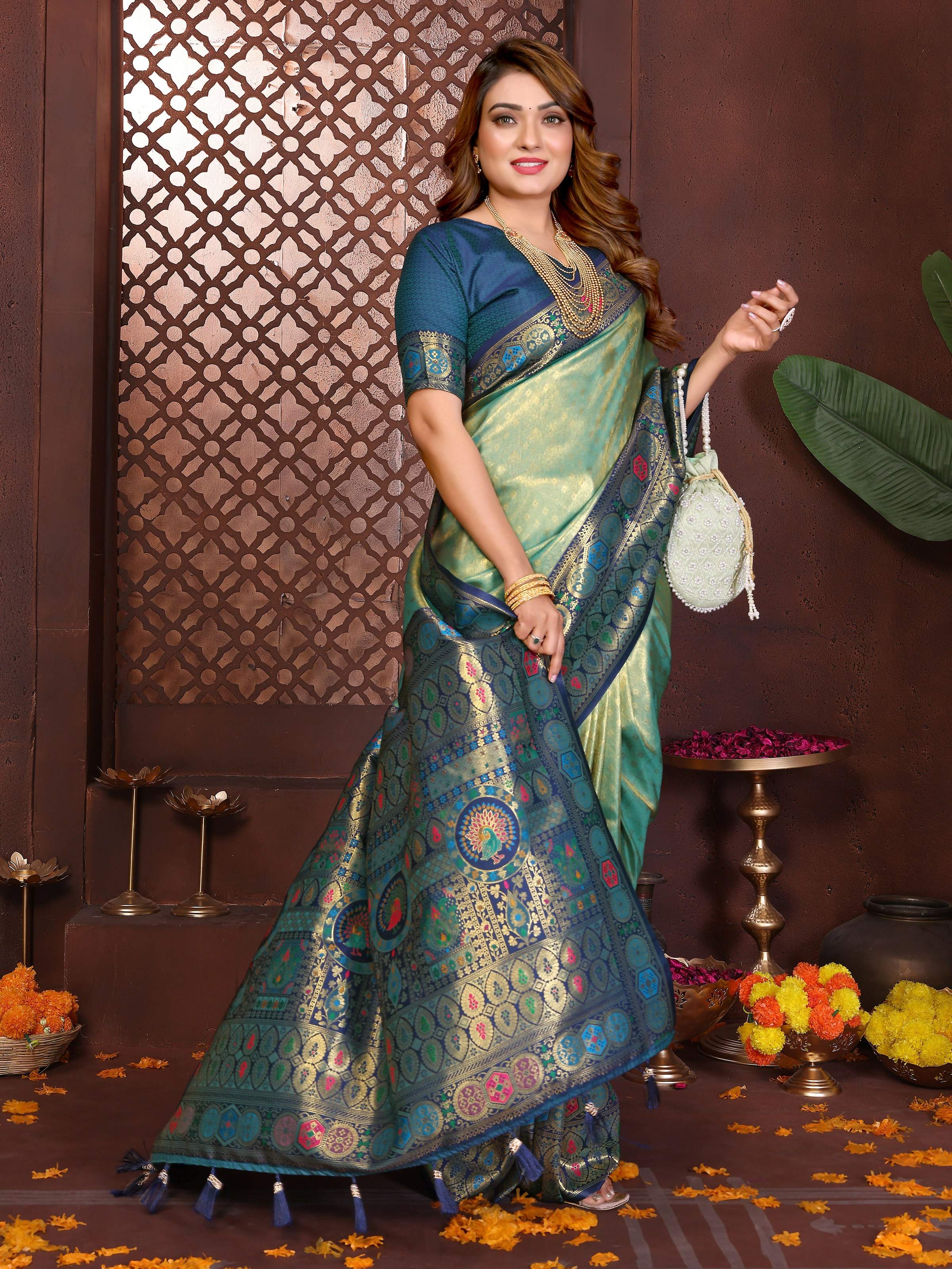 Aastha Fashion Sea Green Tissue Silk Weaving Saree