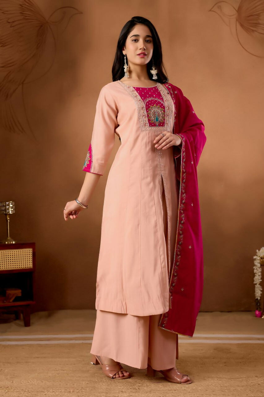 Lehenga Mart Designer Front-Slit Kurta, Paired With Wide-Leg Palazzo Pants And A Dupatta.-Peach