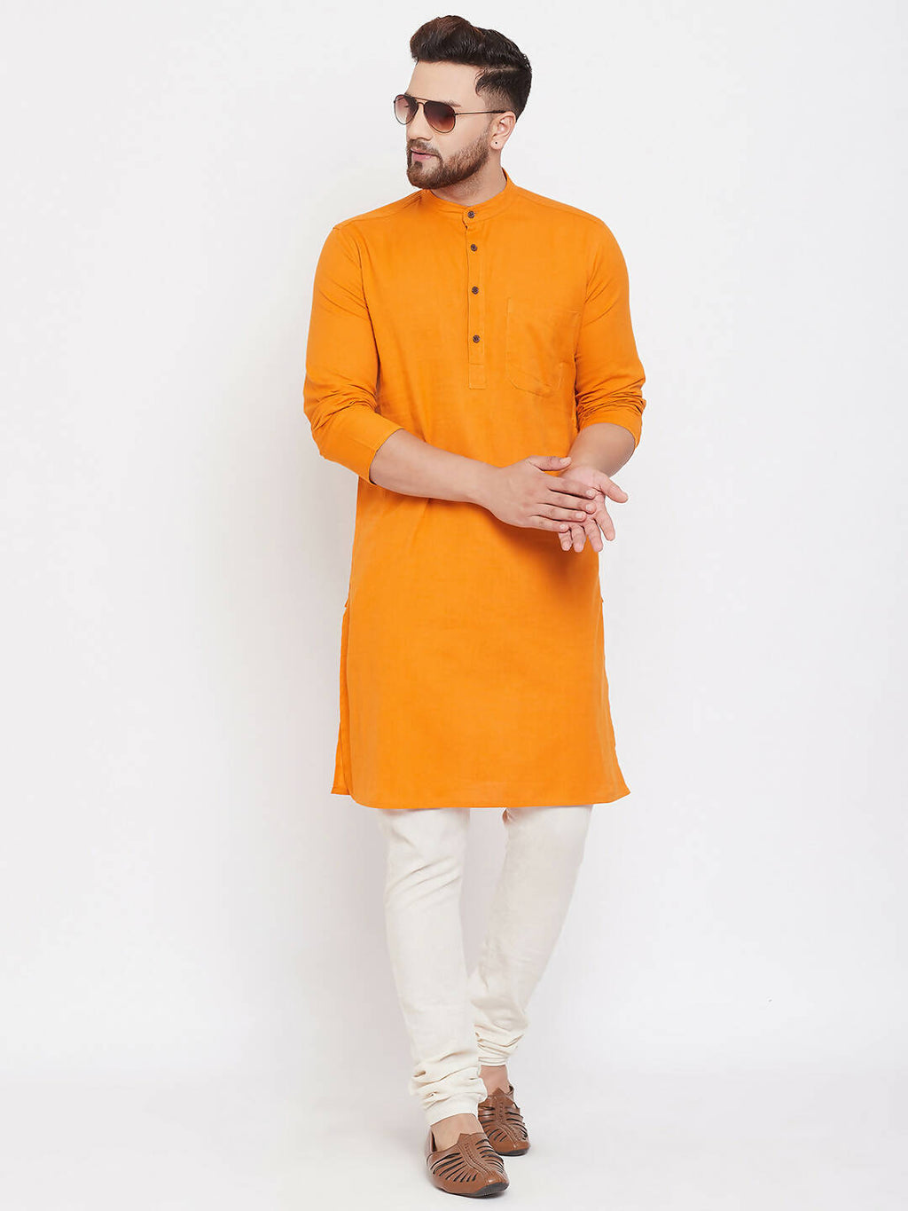 Even Apparels Pure Cotton Men's Kurta With Band Collar in Yellow Color
