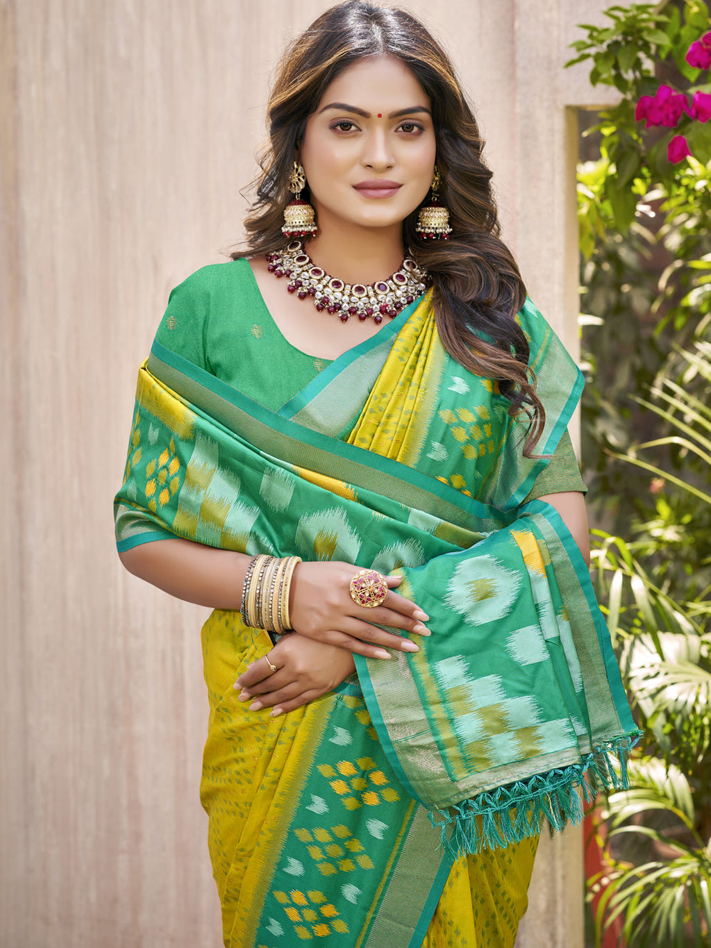 Anaita Mustard Pochampally Silk Saree With Floral Printed Work With Blouse