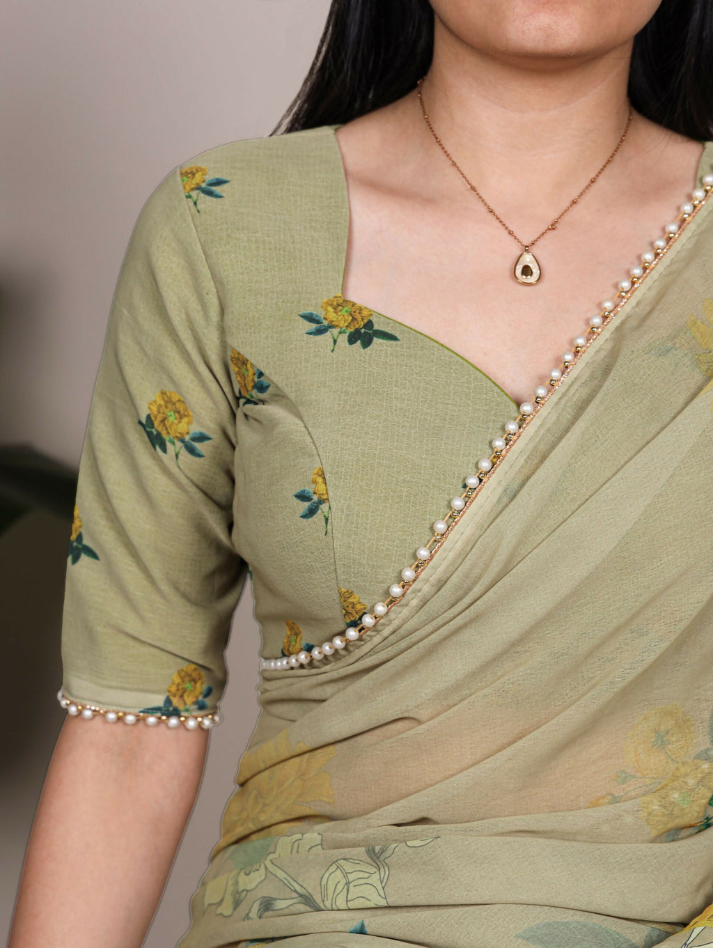 Vastranavya Mehendi Weightless Marble and Floral Printed Georgette Saree with Unstitched Blouse