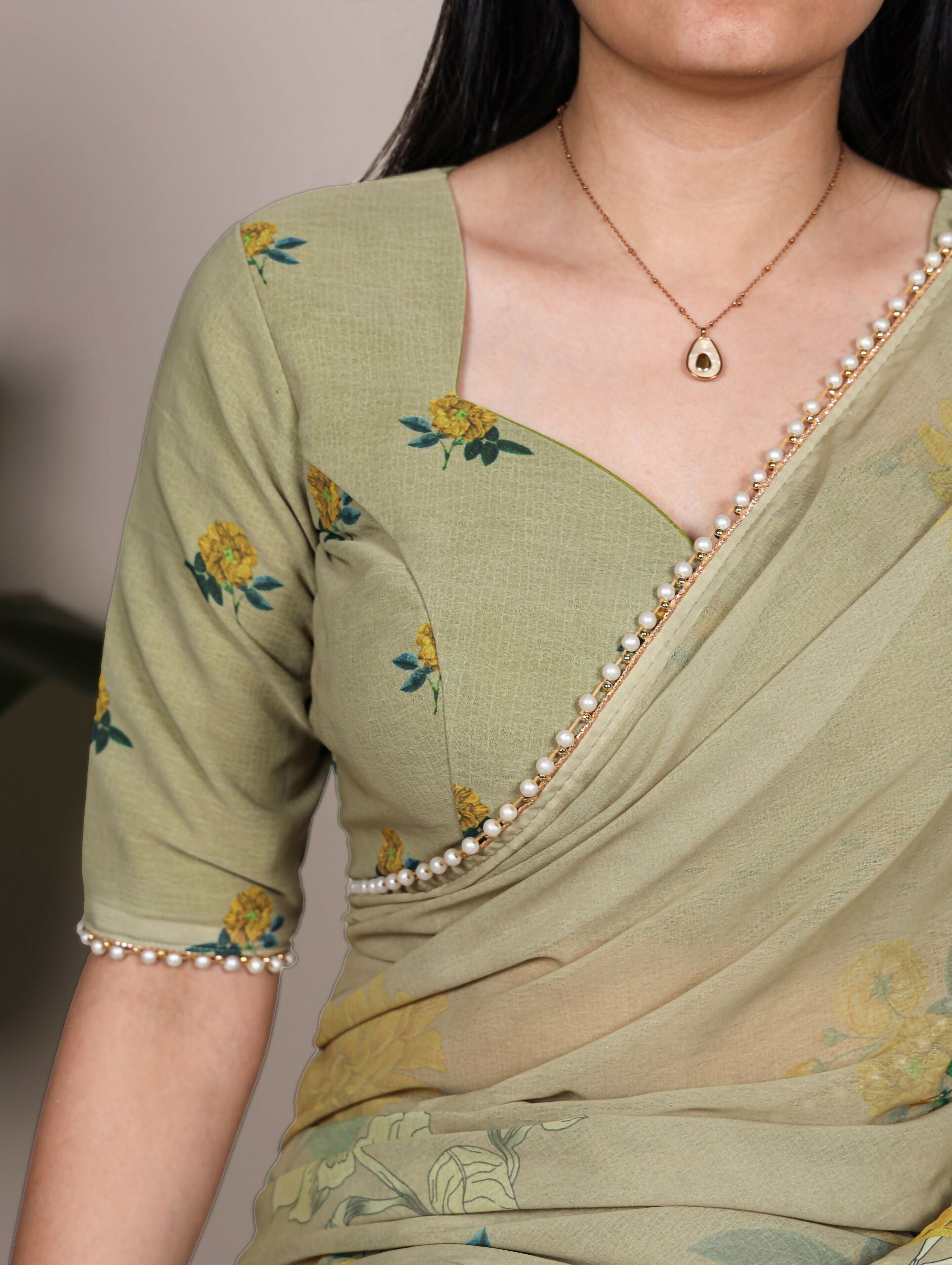Vastranavya Mehendi Weightless Marble and Floral Printed Georgette Saree with Unstitched Blouse