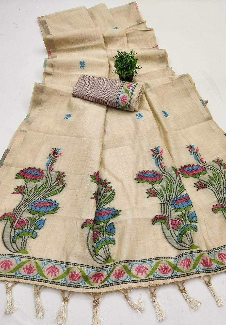 Vastranavya Cream Muga Cotton Meenakari & Azarakh Pallu Saree with Contrast Blouse