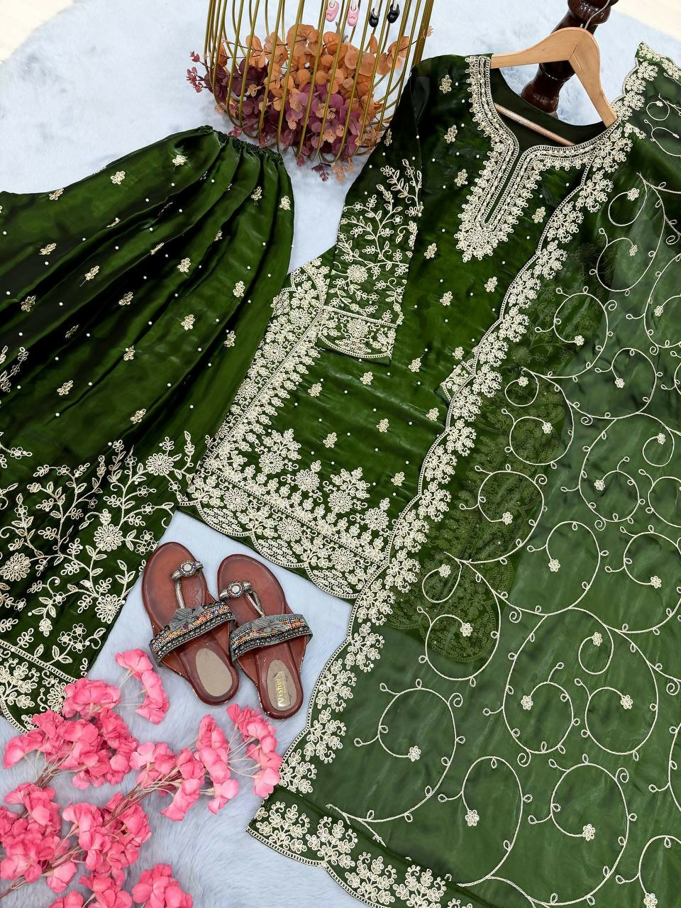 Teeya Creation Green Pure Silk Gimmy Silk Heavy Embroidery Work Wedding Wear Palazzo Pair