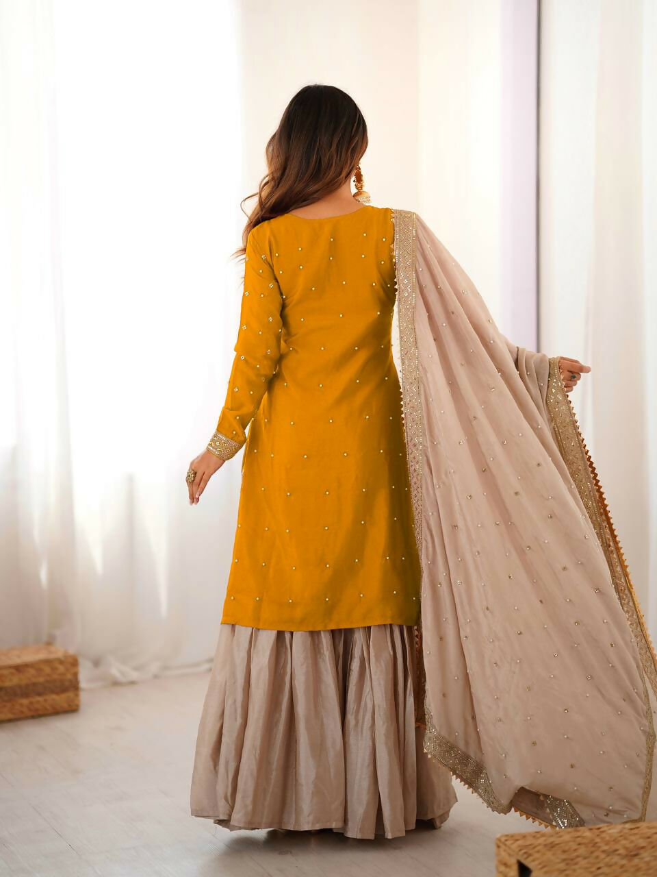 Lehenga Mart Designer Sharara Suit With Kurta, Sharara, Dupatta For Women-Yellow