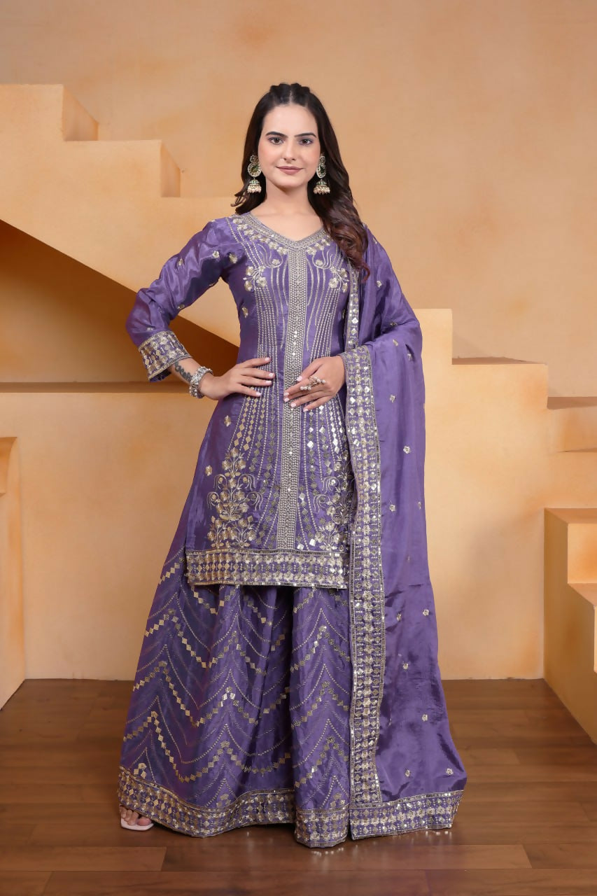 Joban Fashion Purple Silk Embroidered Sharara Set