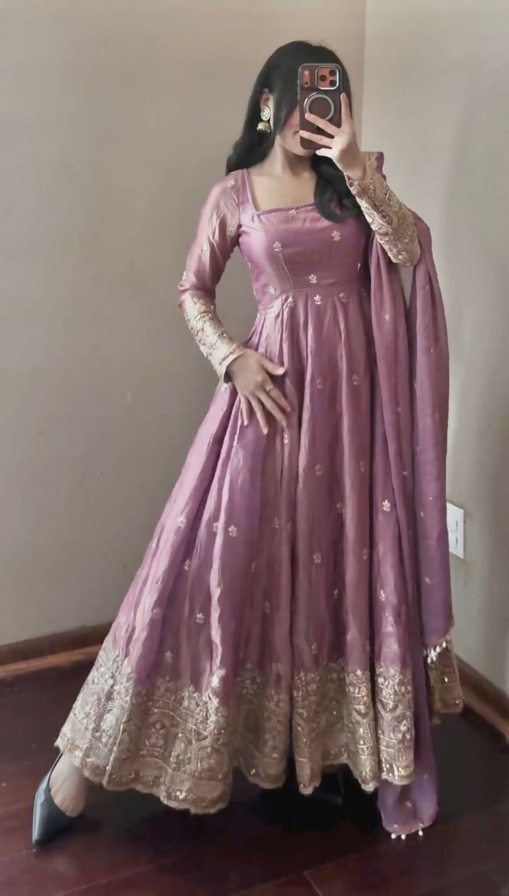 Teeya Creation Onion Fendy Silk Designer Heavy Work Wedding Wear Long Gown