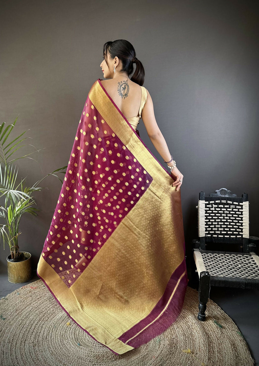 Joban Fashion Magenta Polka-Dot Zari Woven Organza Silk Banarasi Silk Saree