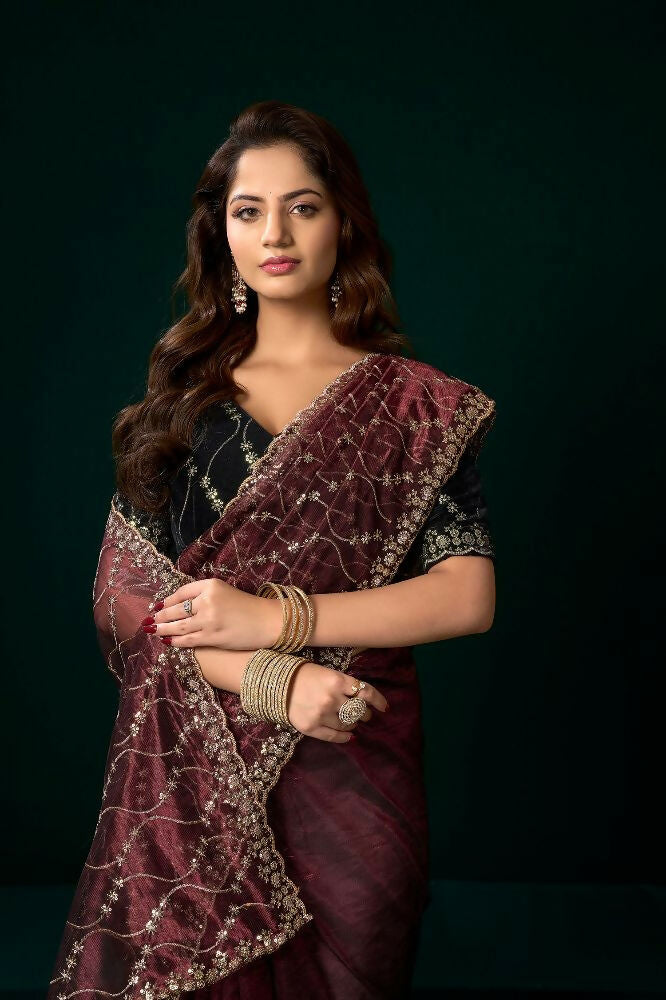 Joban Fashion Maroon Net Party Wear Sarees