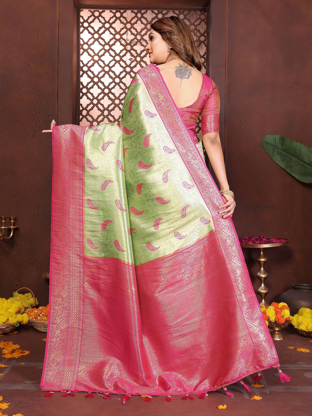 Aastha Fashion Pista Tissue Silk Weaving Saree