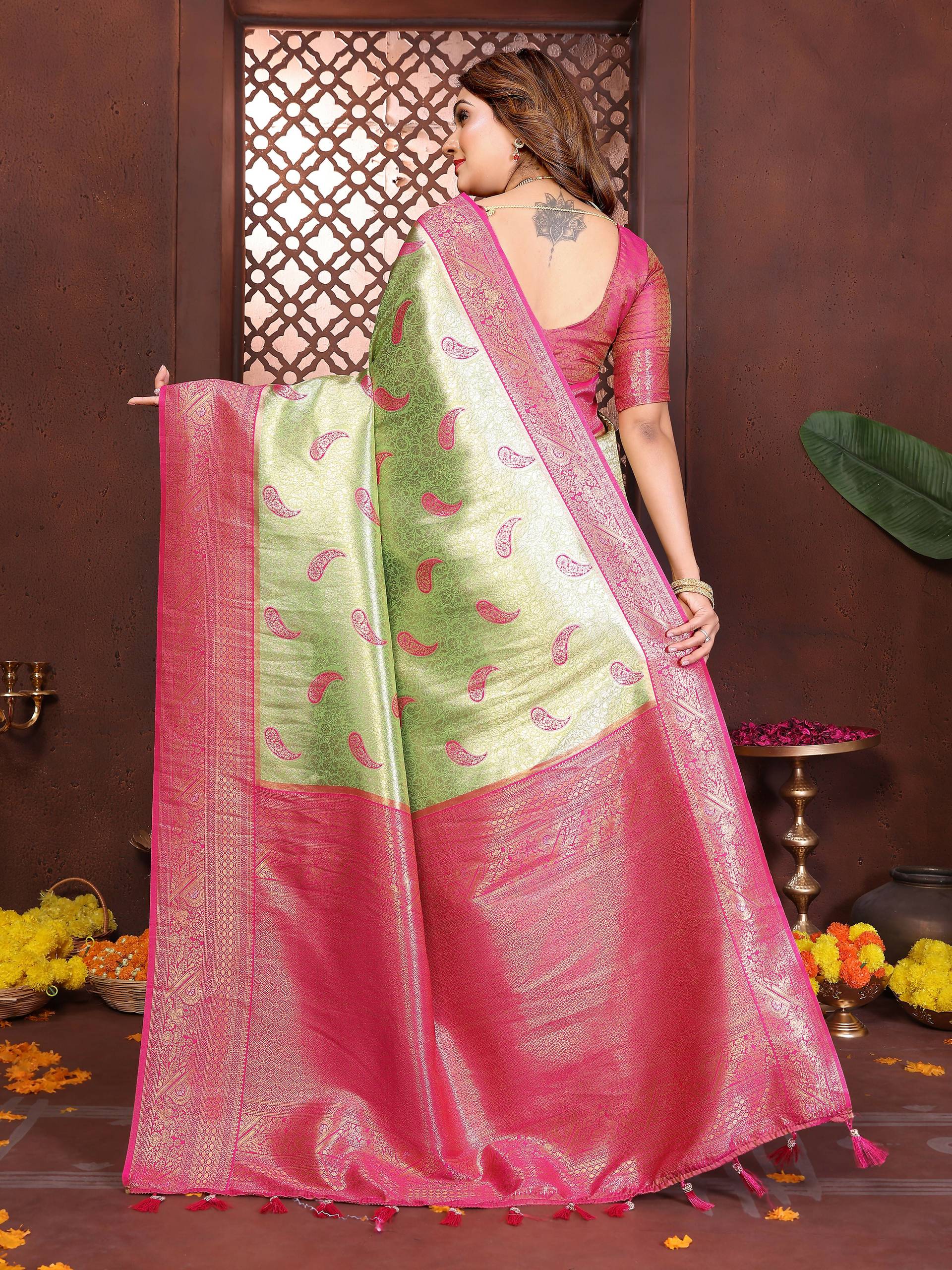 Aastha Fashion Pista Tissue Silk Weaving Saree