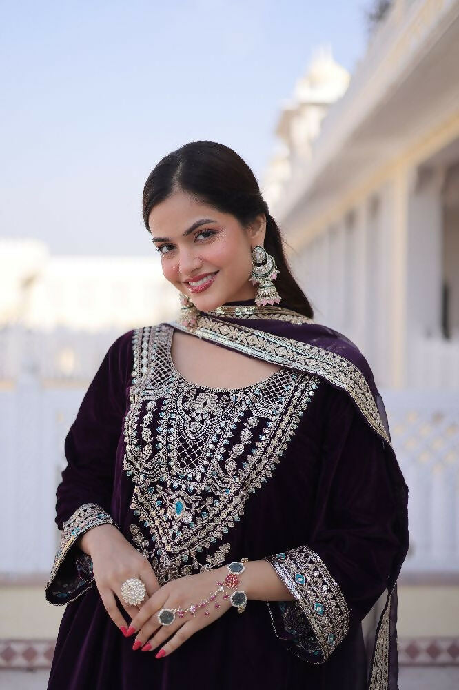 Joban Fashion Wine Kurta Set Velvet Sequins , Zari, Coding & Thread Embroidered work