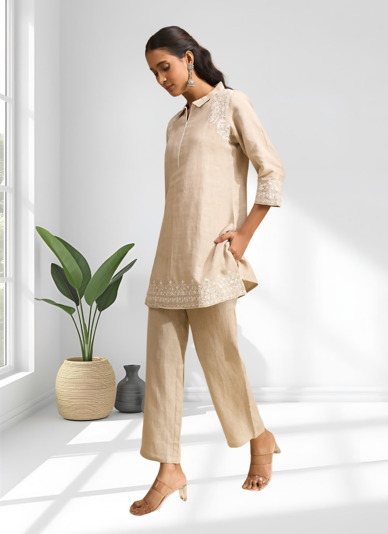 Joban Fashion Beige Linen Embroidered Readymade Cord Set