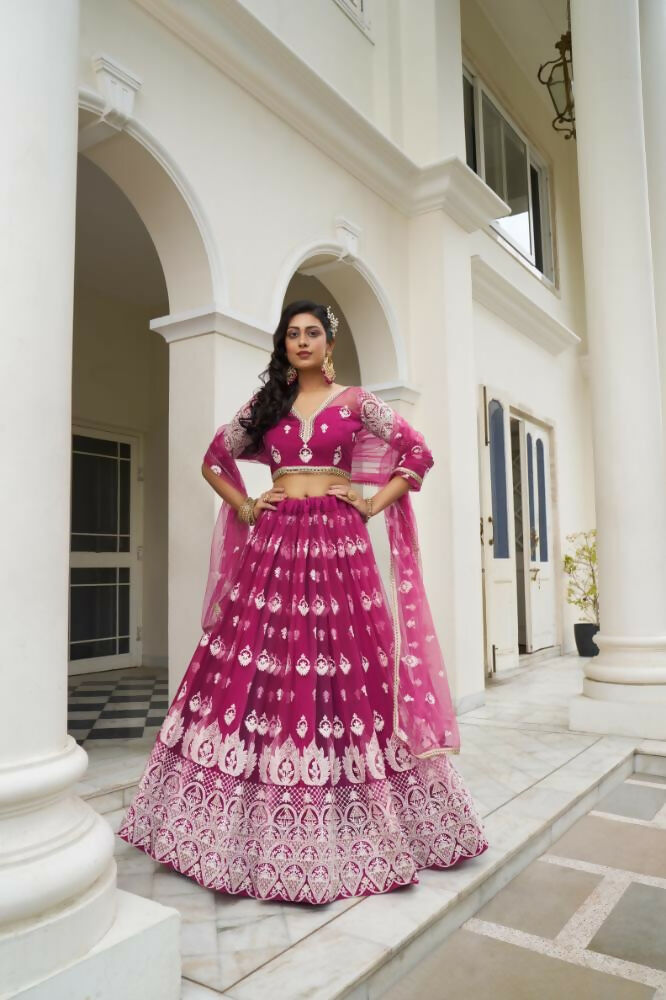Aastha Fashion Dark Pink Butterfly Net White Cotton Thread Work And Sequence Work Embroidery Wedding Wear Lehenga Choli