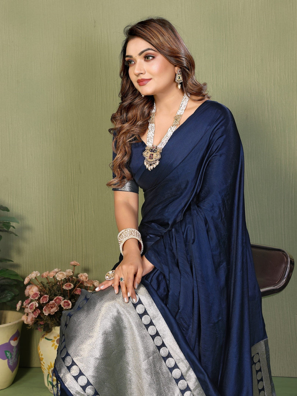 Anaita Navy Zari Weaving Work Satin Silk Saree With Blouse