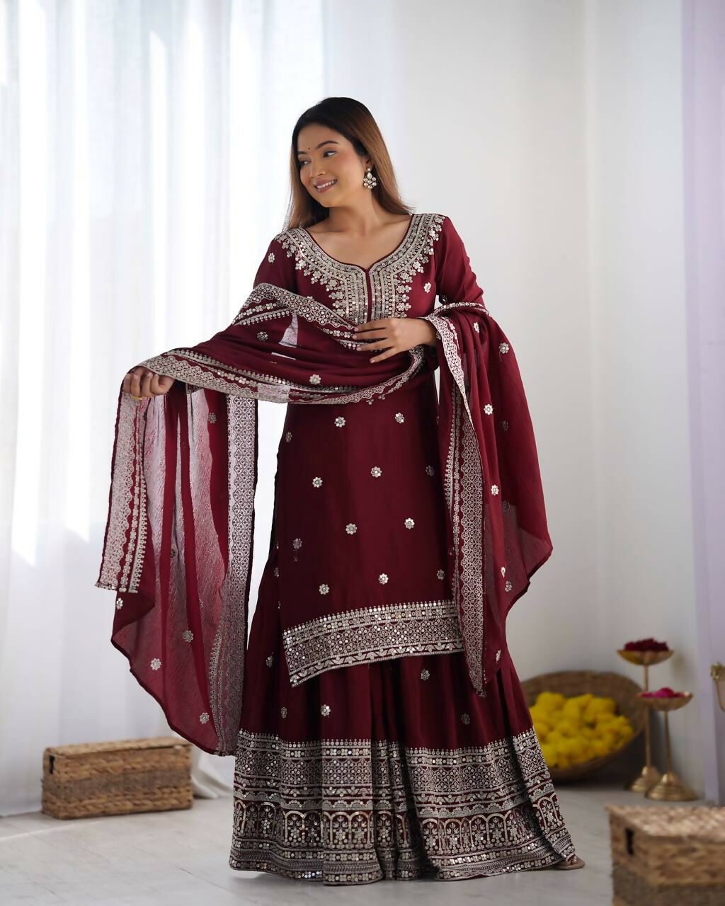 Joban Fashion Maroon Kurta Set Silk Sequins , Zari, Coding & Thread Embroidered work