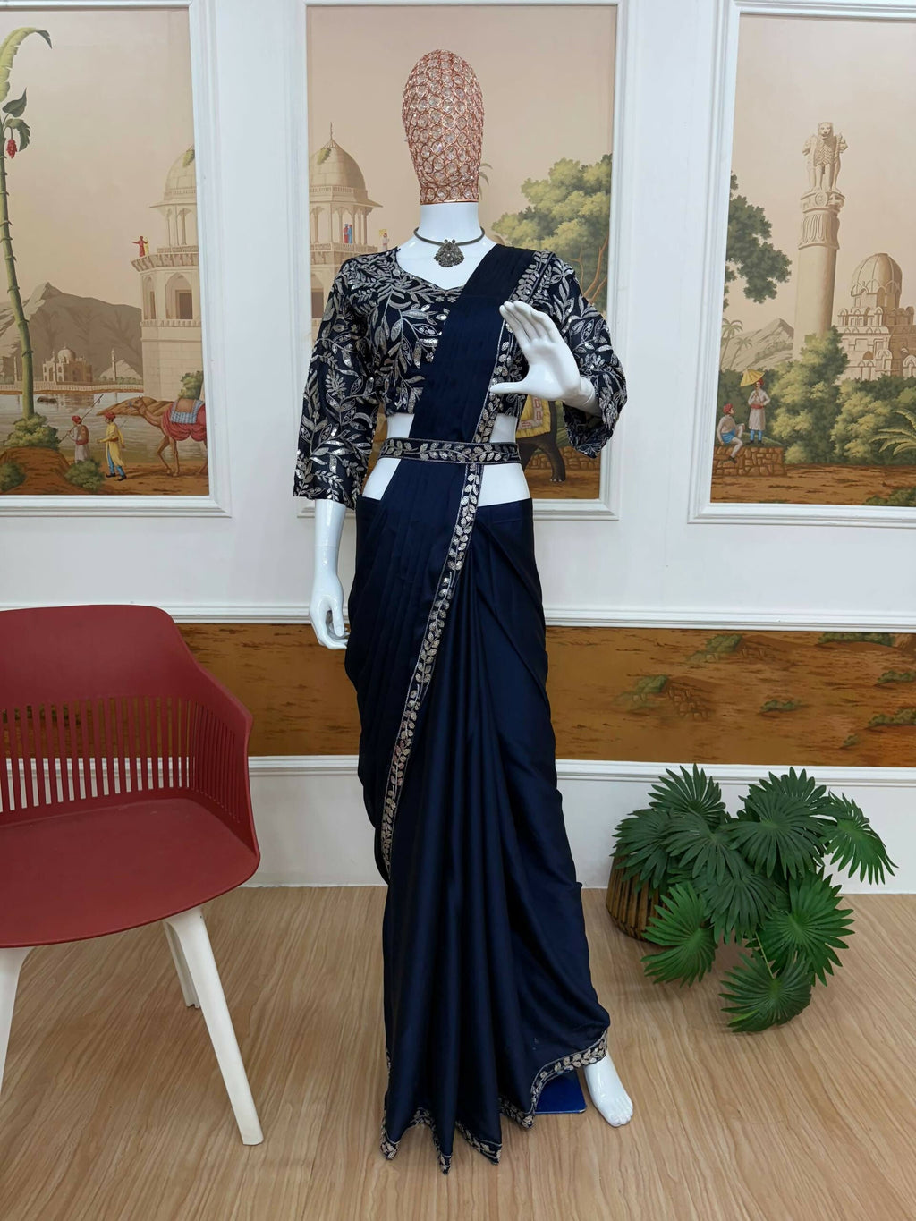Teeya Creation Dark Blue Color Rangoli Silk Trending Ready To Wear Saree With Belt