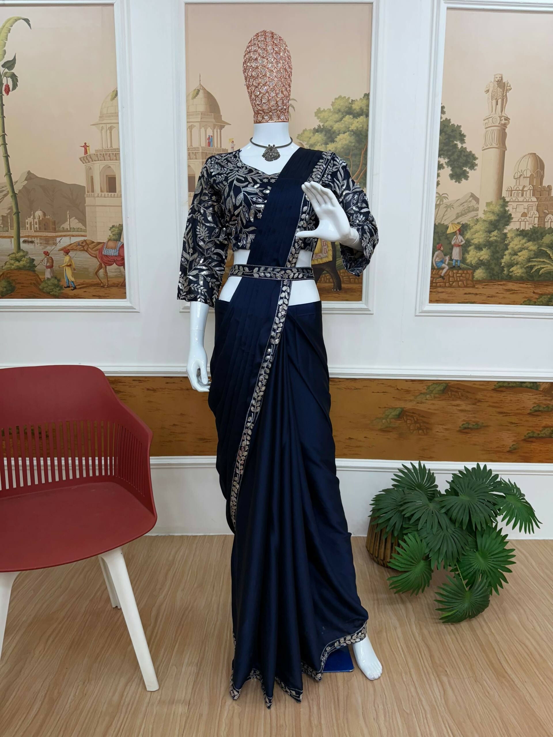 Teeya Creation Dark Blue Color Rangoli Silk Trending Ready To Wear Saree With Belt