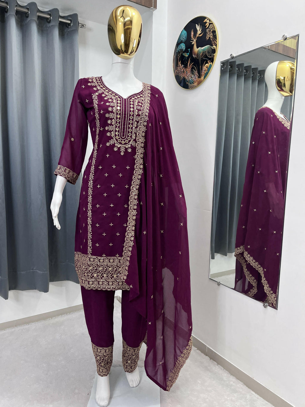 Teeya Creation Wine Color Faux Georgette Embroidery Work Party Wear Salwar Suit