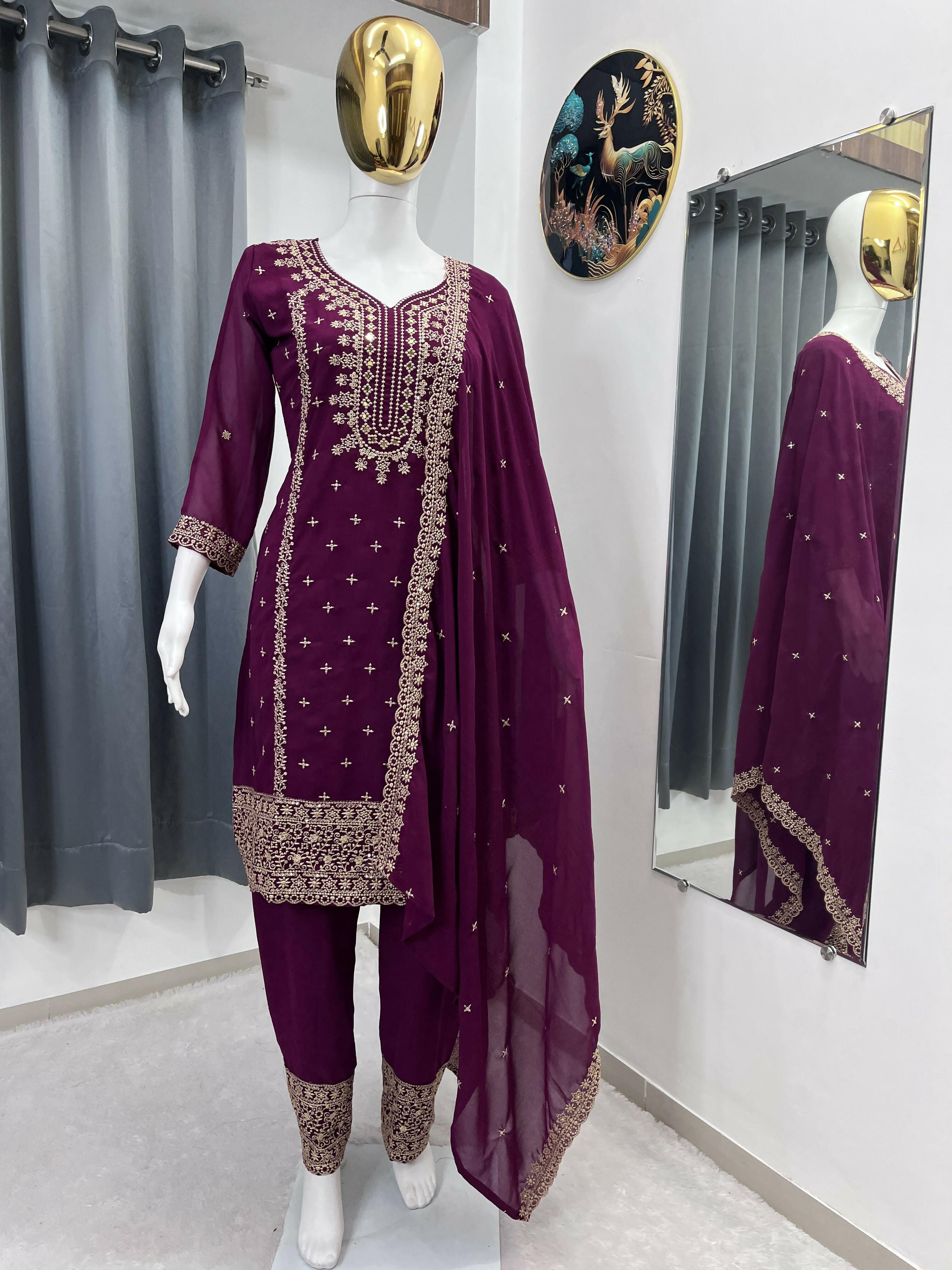 Teeya Creation Wine Color Faux Georgette Embroidery Work Party Wear Salwar Suit