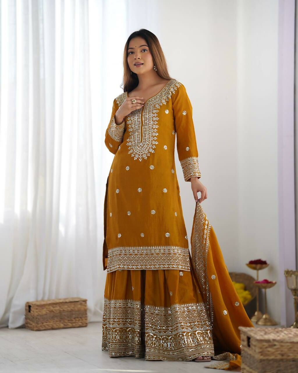 Joban Fashion Mustard Kurta Set Silk Sequins , Zari, Coding & Thread Embroidered work