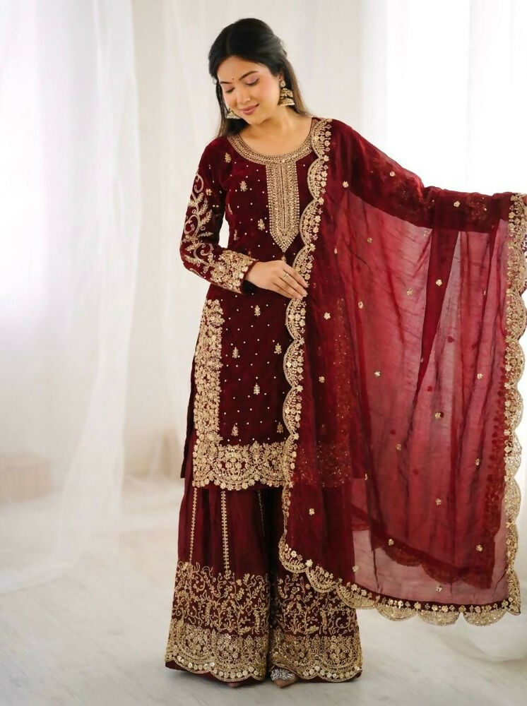Teeya Creation Maron Color Fendy Silk Embroidery Work Wedding Wear Salwar Suit