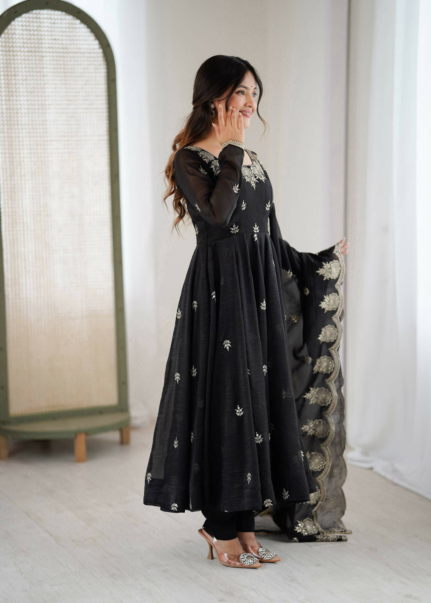 Teeya Creation Black Color Crunchy Silk Embroidery Work Wedding Wear Gown