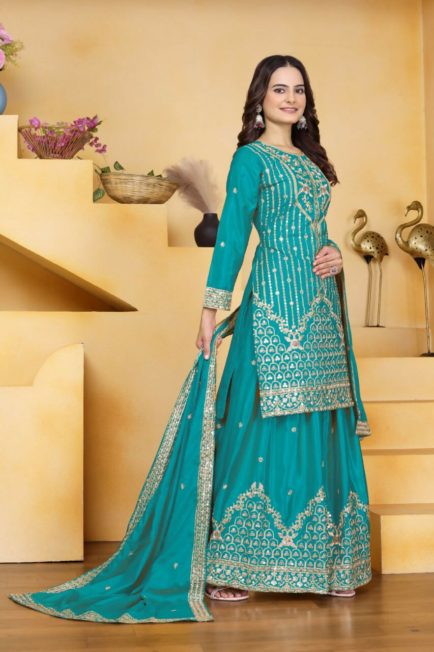 Teeya Creation Teal Color Natural Crepe Silk Wedding Wear Trending Palazzo Set