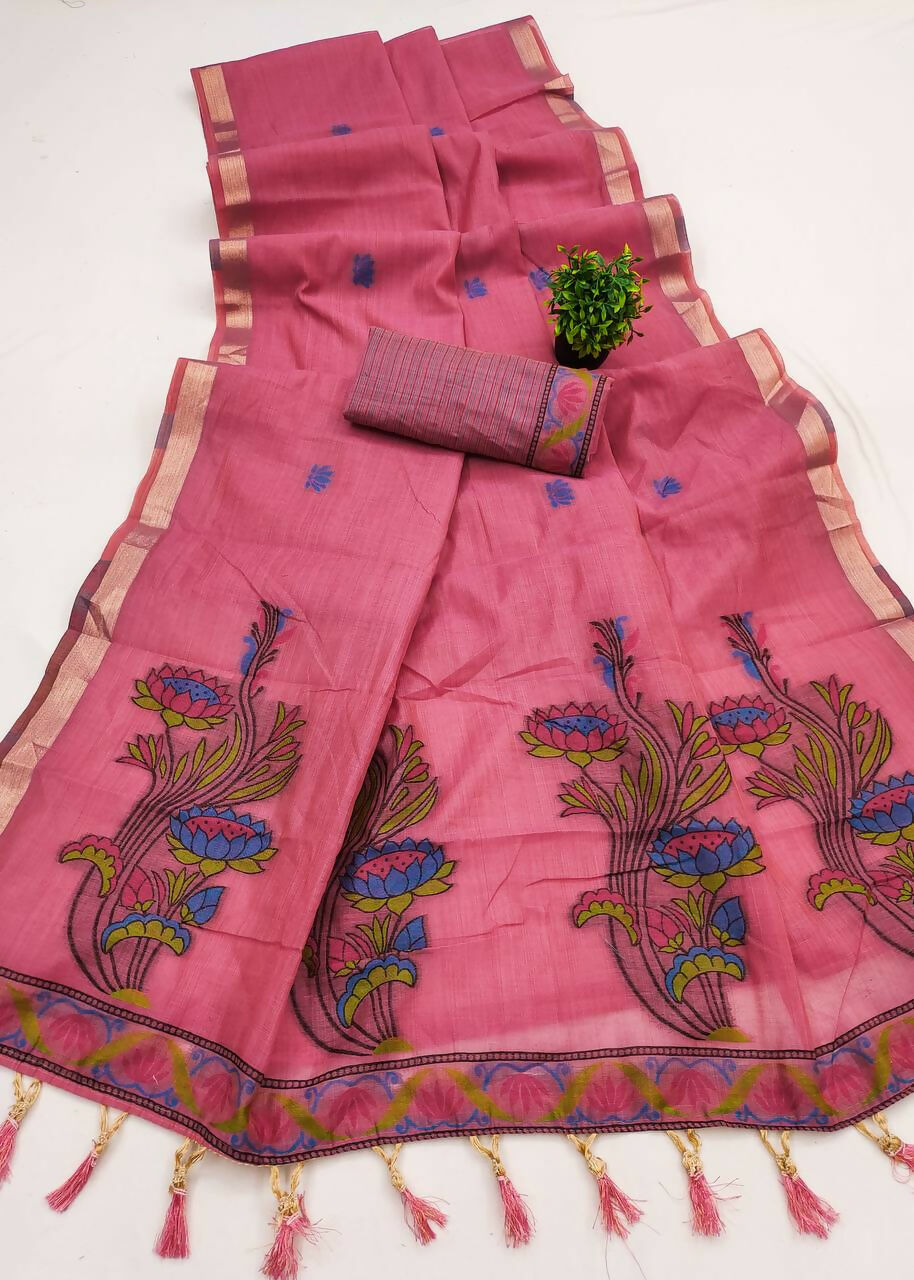 Vastranavya Pink Muga Cotton Meenakari & Azarakh Pallu Saree with Contrast Blouse