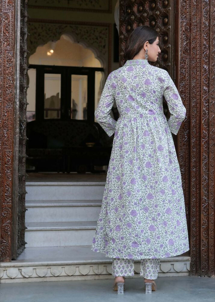 Jaimini Women Cotton Printed V-Neck 3/4 Sleeves Calf Length Flared Kurta Pant And Dupatta Set