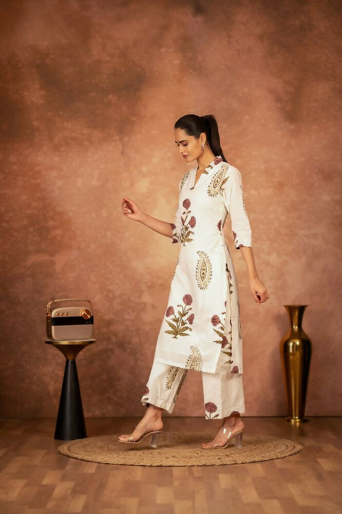 Joban Fashion Off White Red Floral Hand Block Printed Cotton Kurta Pant Set