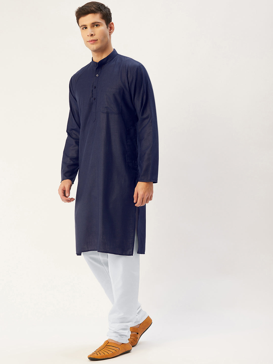 Jompers Men's Navy Cotton Solid Kurta Only