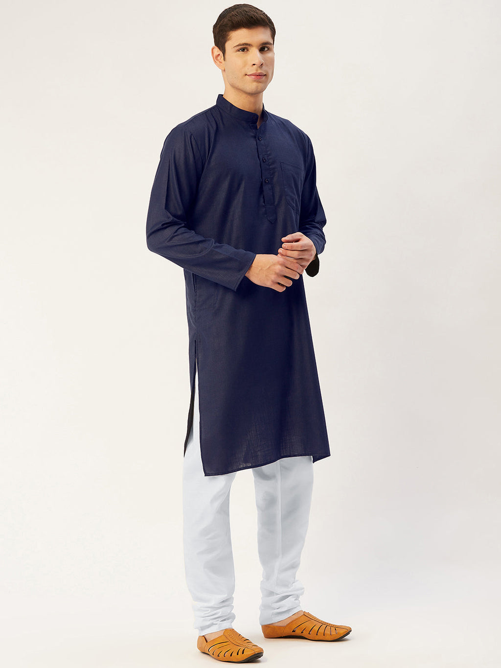 Jompers Men's Navy Cotton Solid Kurta Only