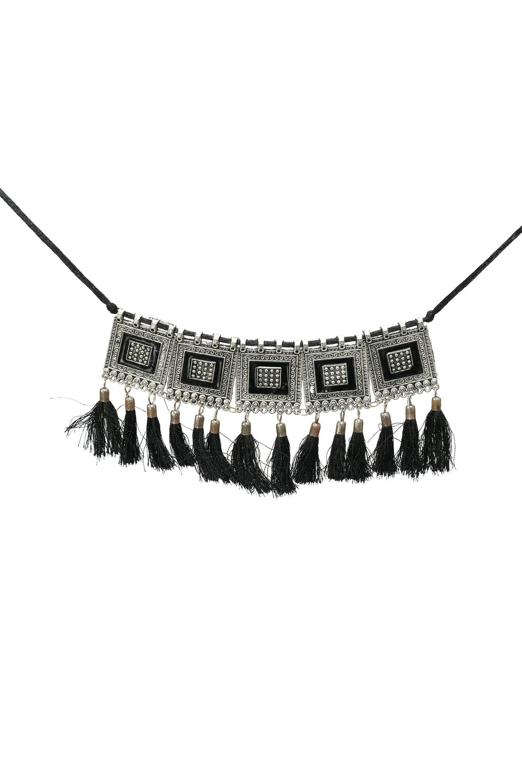 Mominos Fashion Johar Kamal Oxidised Silver-Plated Brass Finish Tassel Work Handicraft Choker For Women (Black)