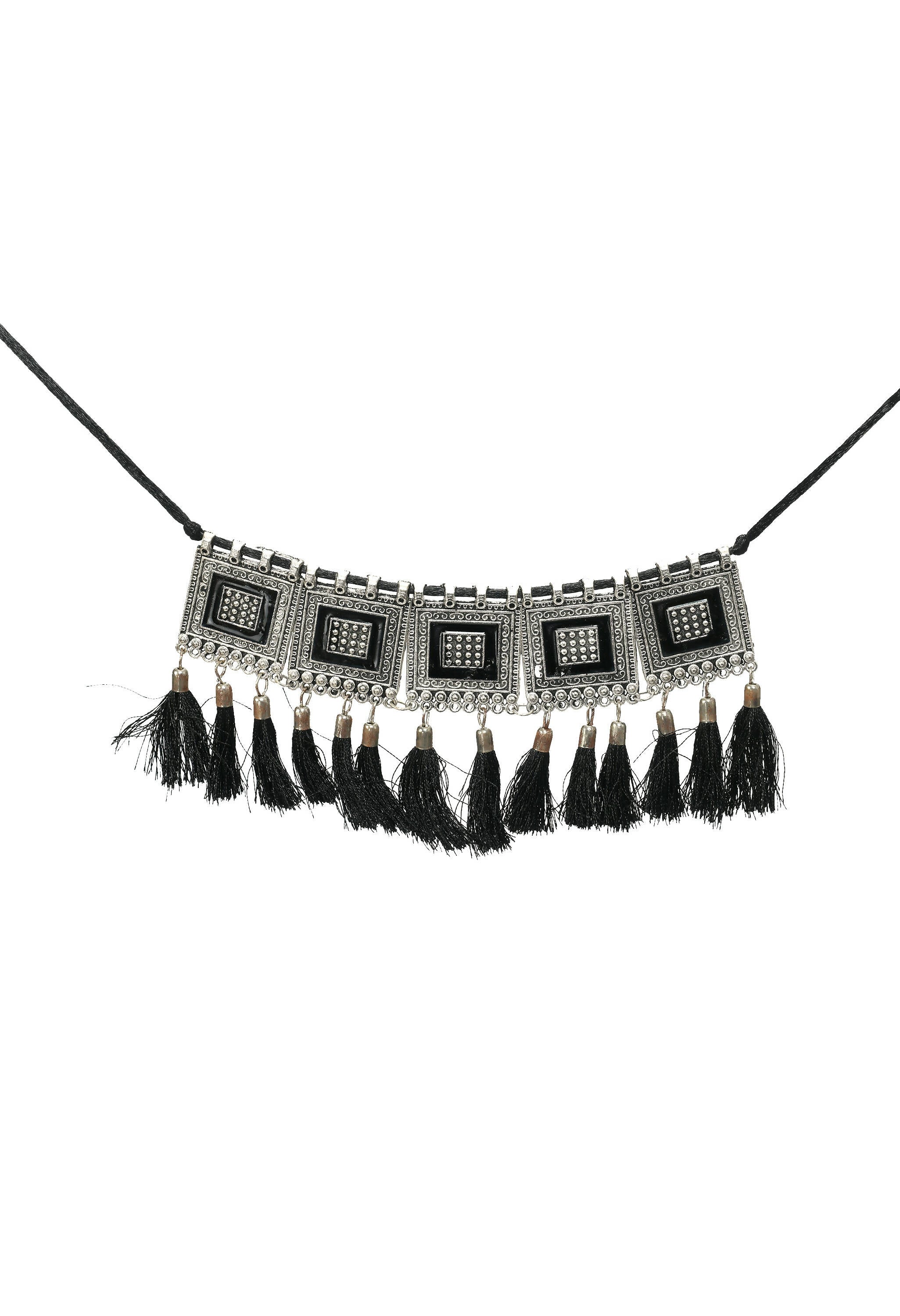 Mominos Fashion Johar Kamal Oxidised Silver-Plated Brass Finish Tassel Work Handicraft Choker For Women (Black)