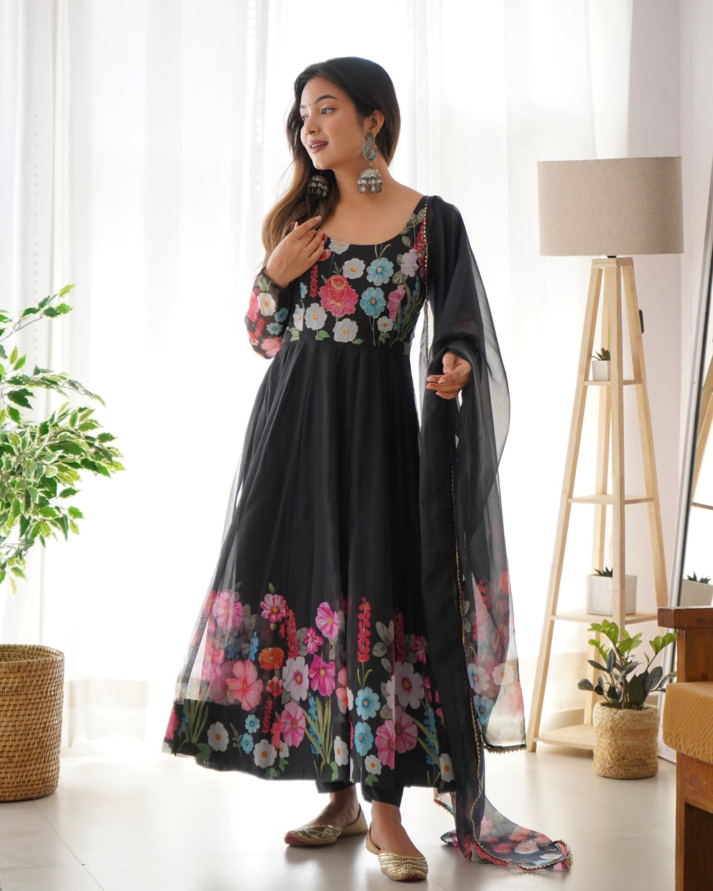 Lehenga Mart Designer Anarkali Suit With Kurta Pant Dupatta For Women-Black