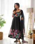 Lehenga Mart Designer Anarkali Suit With Kurta Pant Dupatta For Women-Black