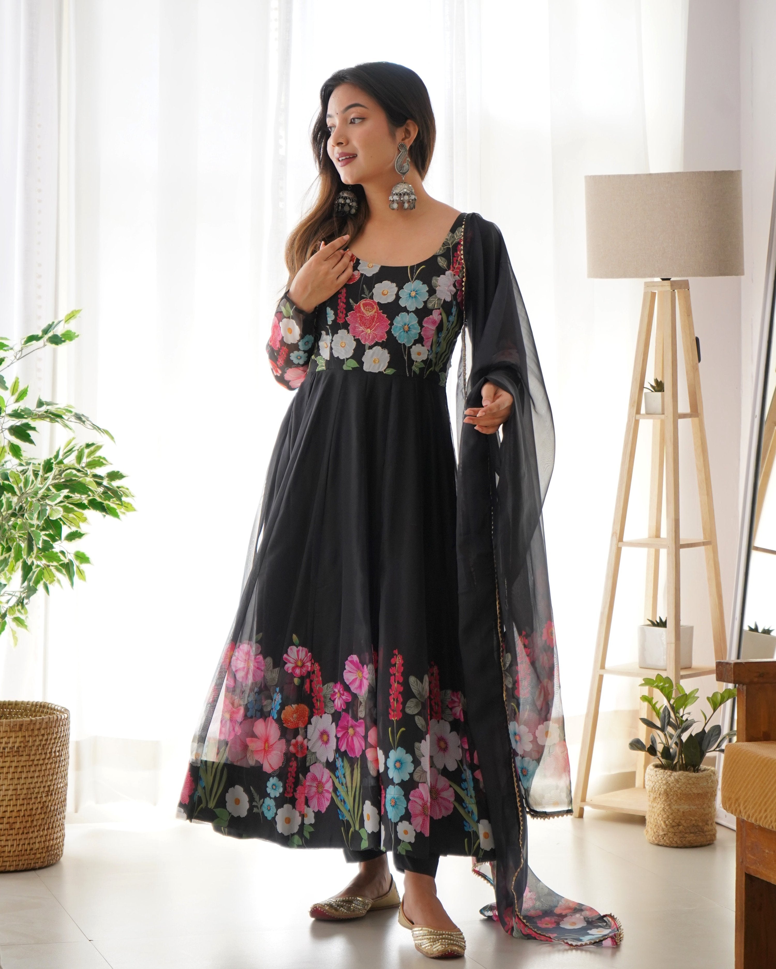 Lehenga Mart Designer Anarkali Suit With Kurta Pant Dupatta For Women-Black